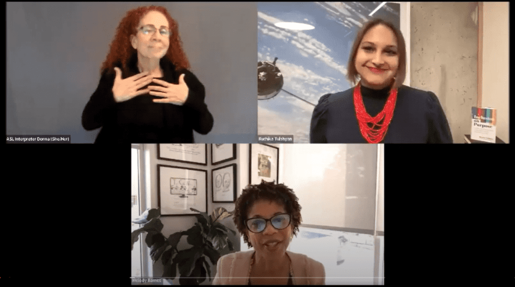 Ruchika Tulshyan, Melody Barnes, and ASL interpreter Donna Ellis at the 2023 Collective Impact Forum Action Summit.